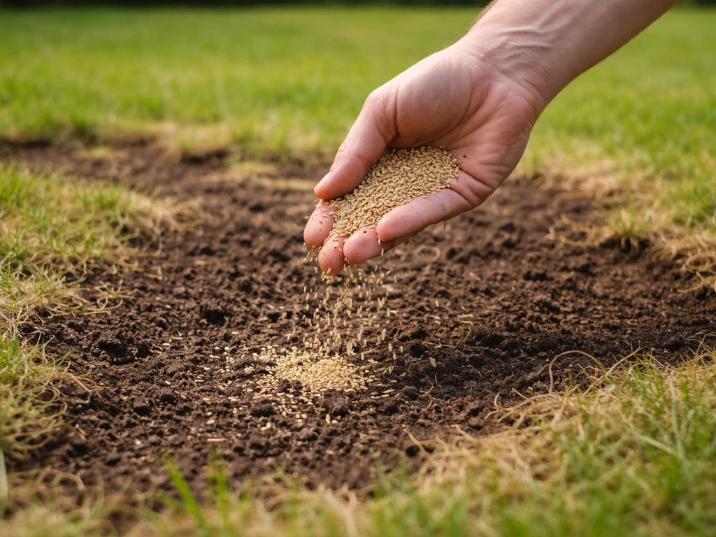 Iemand die graszaad inzaait op open plekken in een kale tuinstrook na het ontmossen
