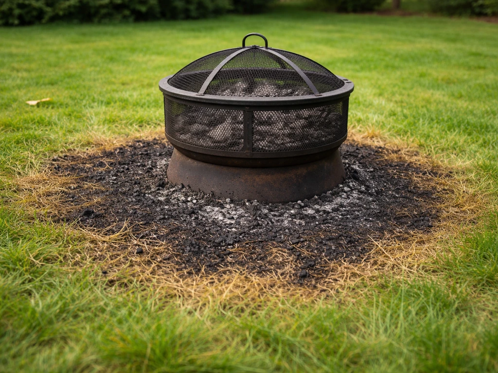 Beschadigd gazon in een bruine kring rond een vuurkorf, met roetsporen en verschroeid gras.