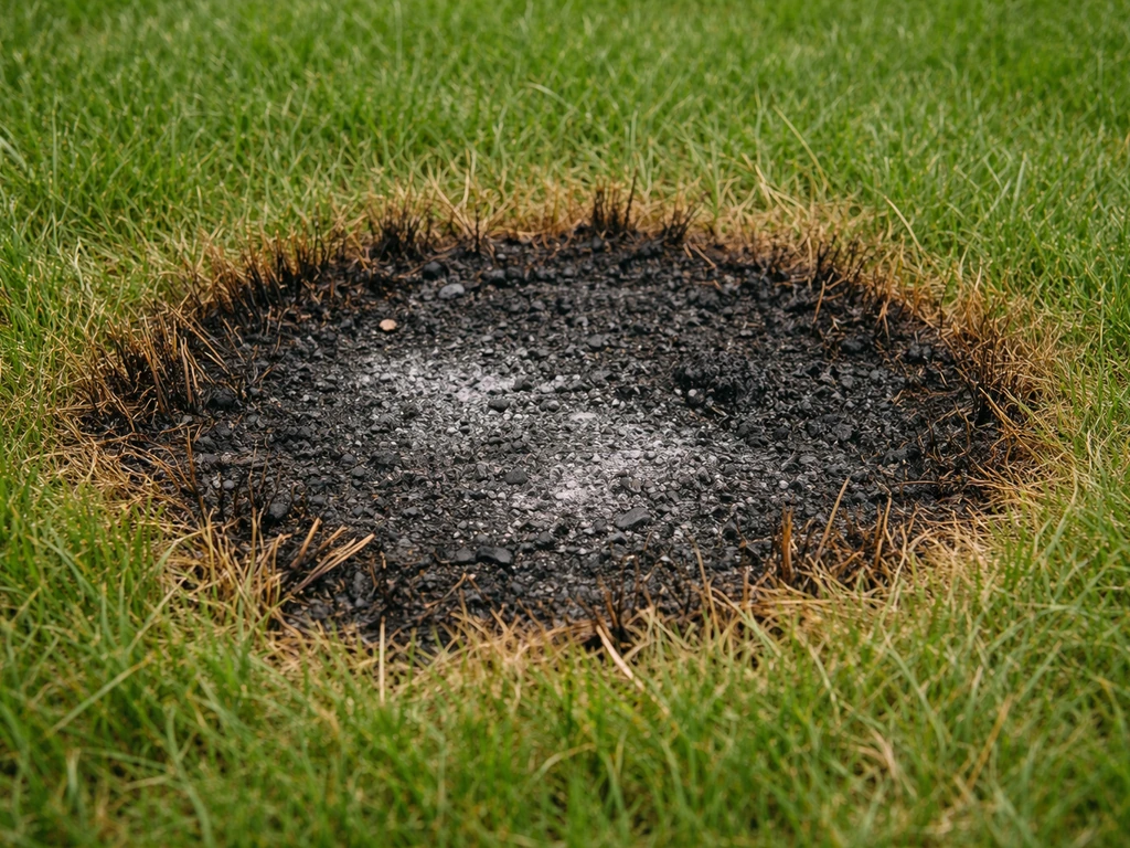Close-up van een gazonplek met bruin/zwartgeblakerde sprieten, roet en as rond een vuurkorfplek.