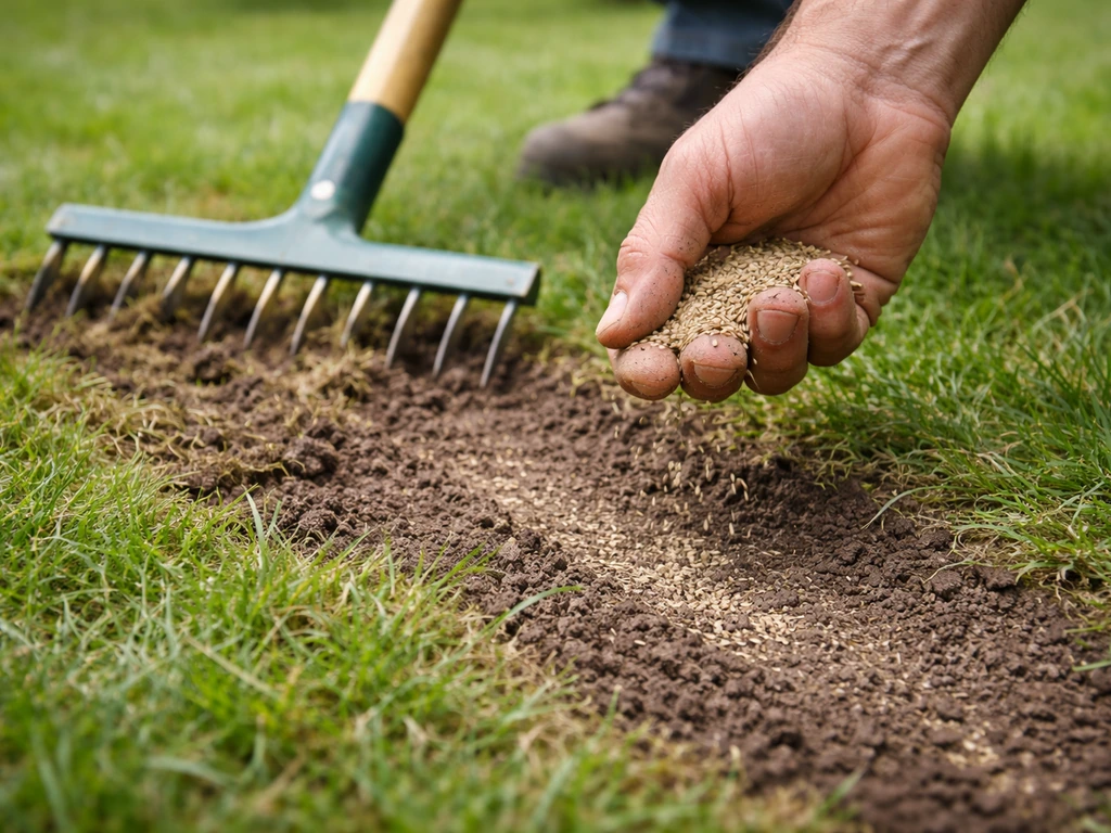 Hand die met verticuteerhark de grasmat licht losschraapt en direct doorzaait bij een kale plek.