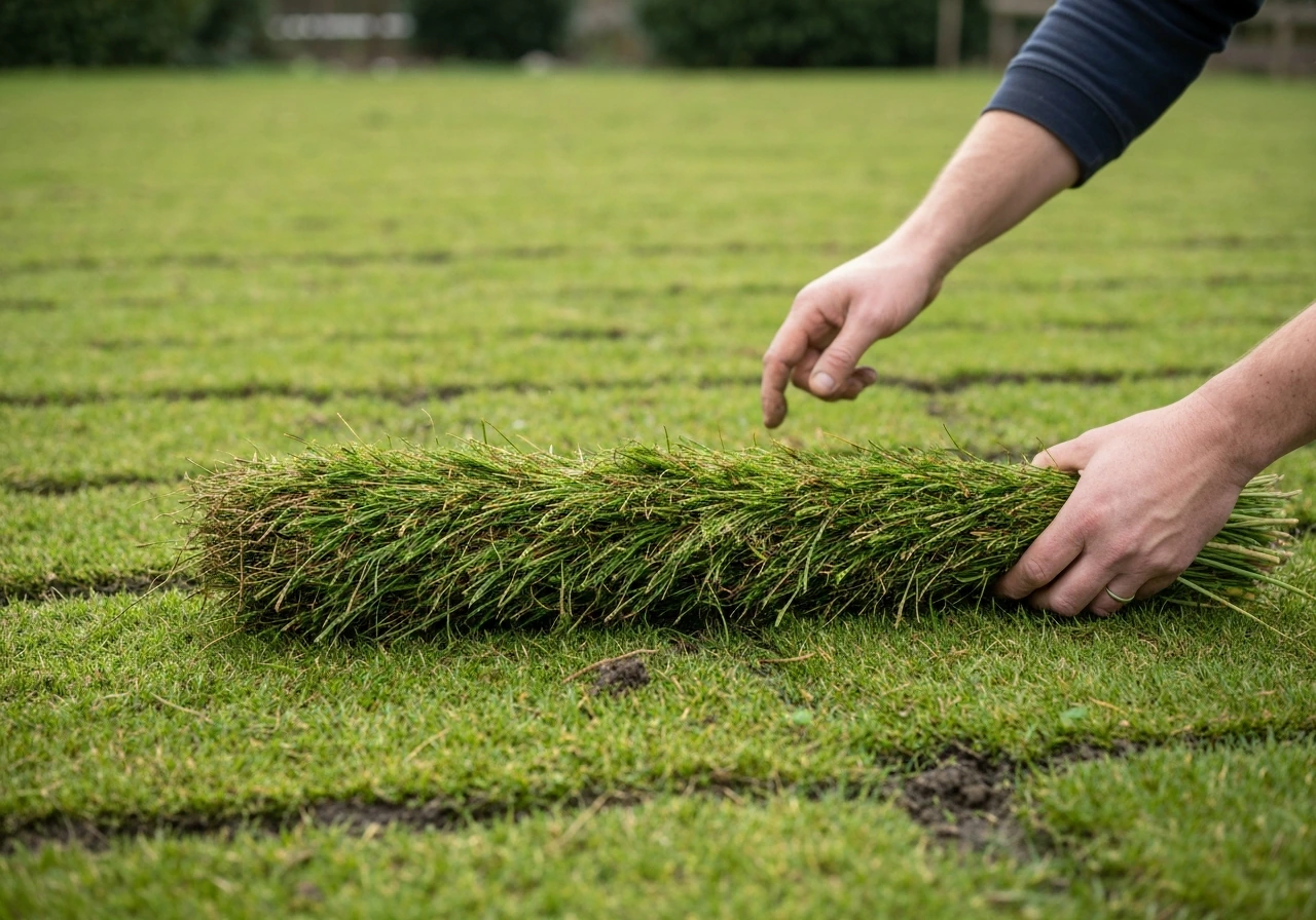 Twee handen leggen en aandrukken graszoden op een kale plek na vuurkorf-schade in een tuin