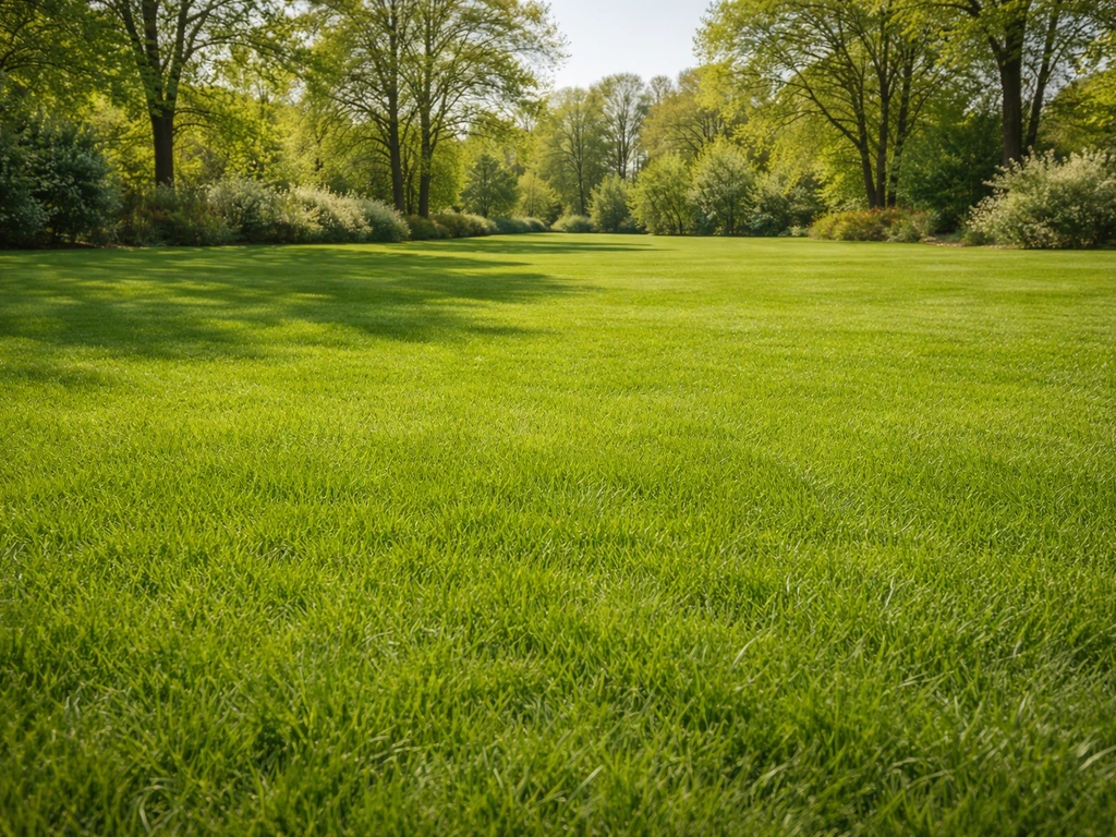 Strak groen gazon in april/mei met verse grasgroei, klaar voor maaien en verticuteren, vanuit lage kijkhoek