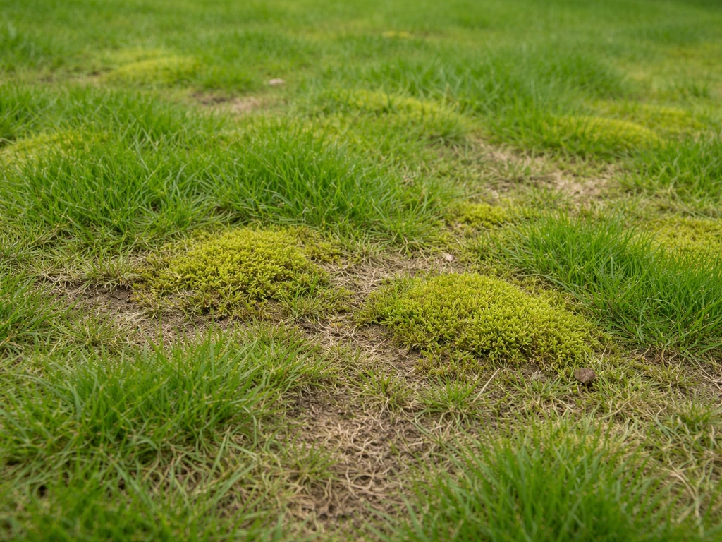 Close-up van een gazon met mosvlekken, kleurverschillen en plekken waar de grasgroei achterblijft in april/mei.