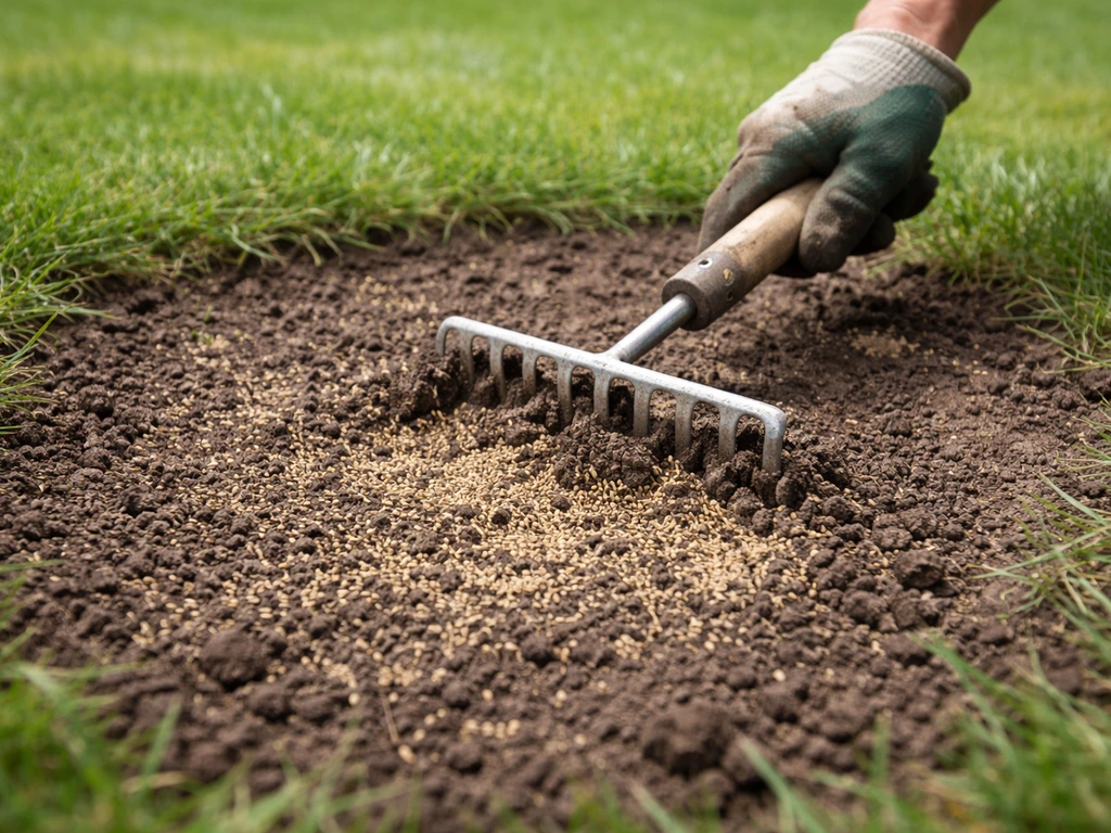 Hark en zichtbaar graszaad in een kale plek van het gazon, klaar om door te zaaien.