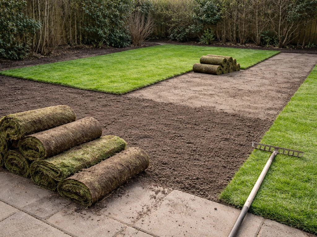 Tuinstrook met weggestoken grasmat en klaargelegde bodem voor nieuw gazon, licht ‘voor en na’ gevoel.