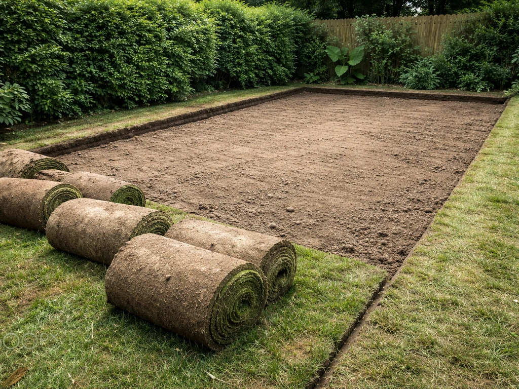Afgestoken grasmat met net afgegraven snijvakken in een tuin, klaar voor volledig gazon vervangen