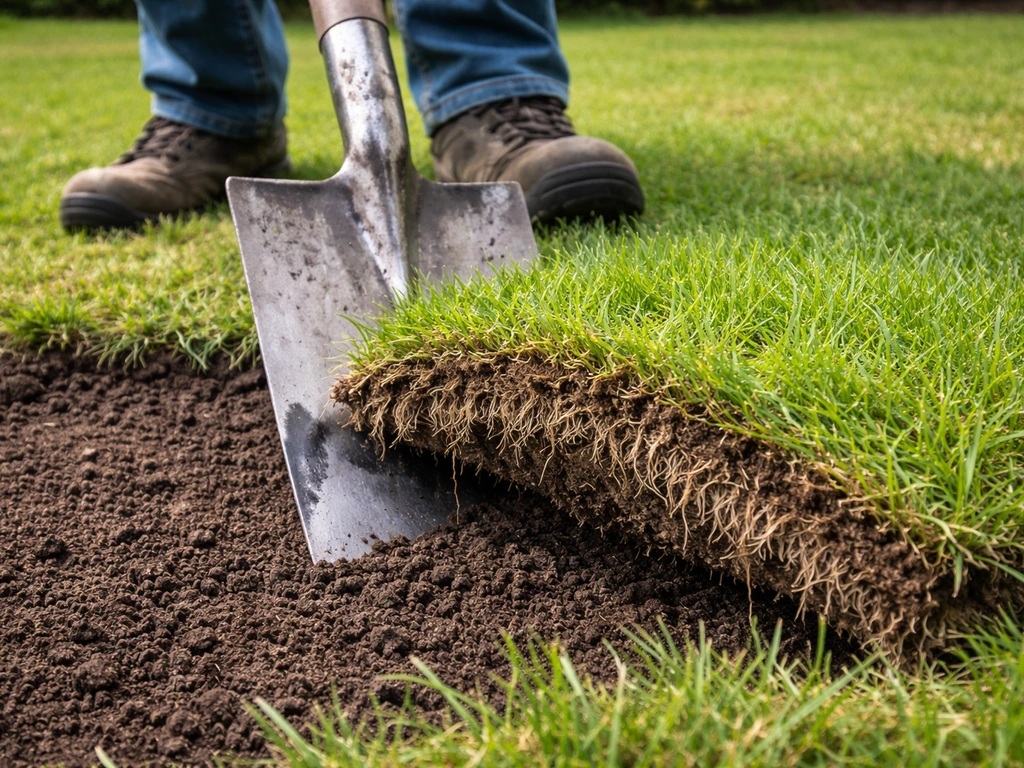 Close-up van een scherpe spade die onder een graszode steekt, met zicht op de wortellaag.