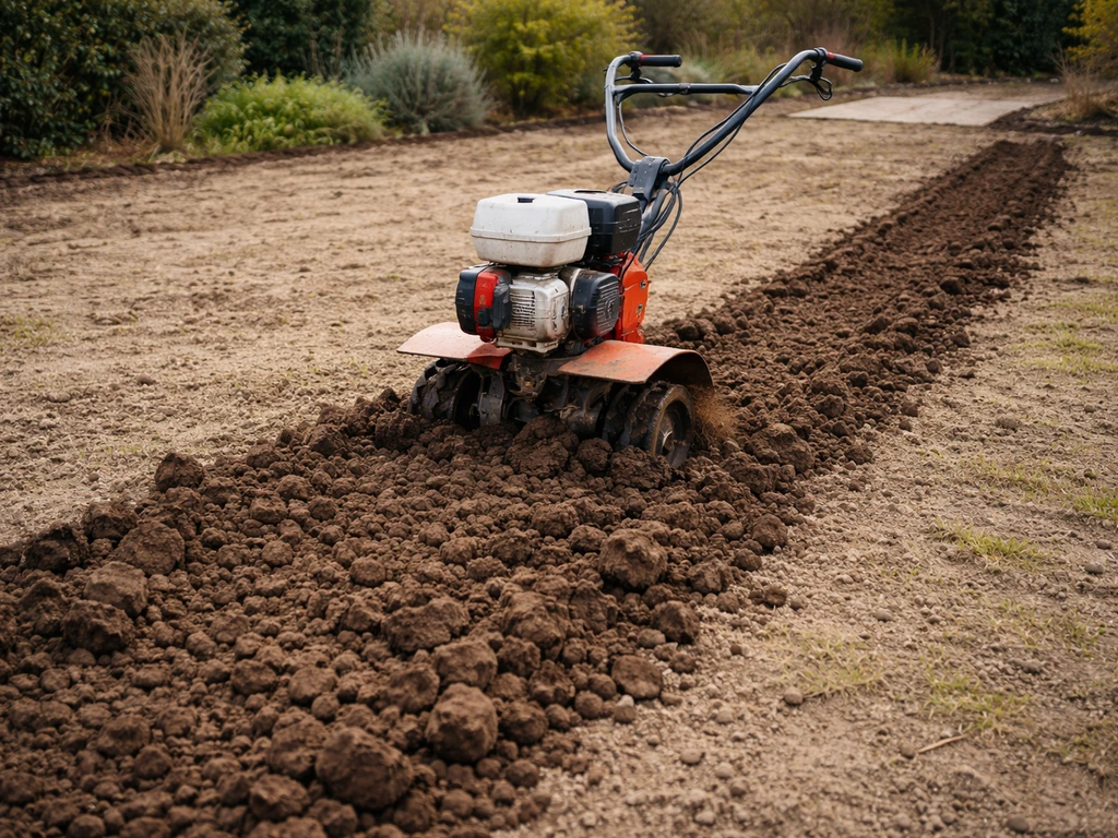 Freesmachine die een gazon losmaakt, met grof opgebroken grond en losgefreesde bodemlaag.
