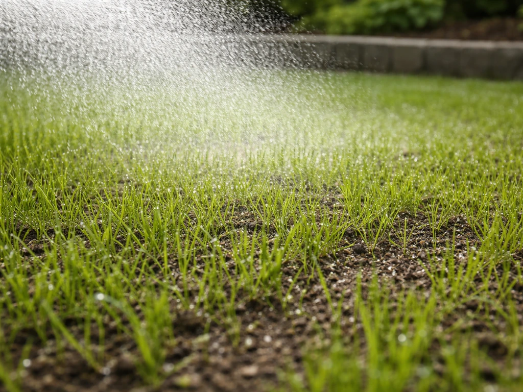 Vroege nazorg: fijne nevel van een gieter/sproeier op vers ingezaaid gras in de tuin