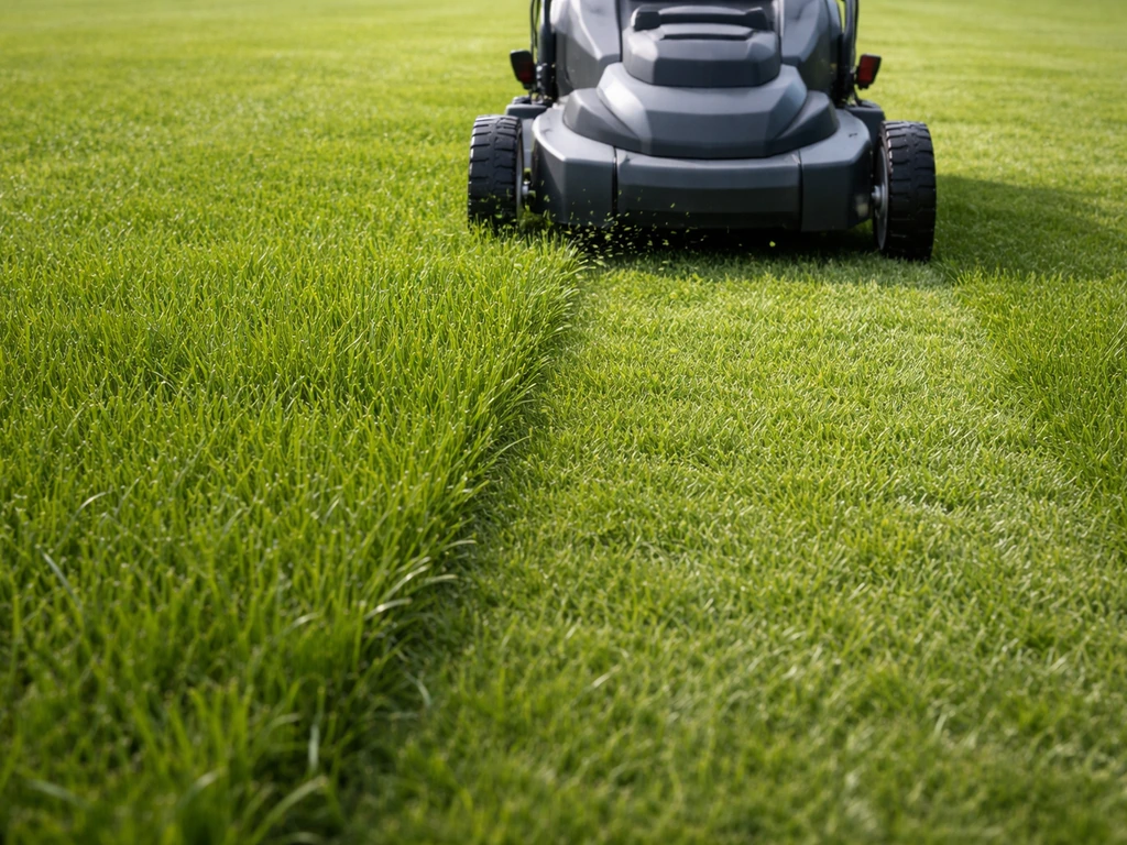 Close-up van een gazon in juiste maaihoogte, terwijl een grasmaaier kort gras net maait.