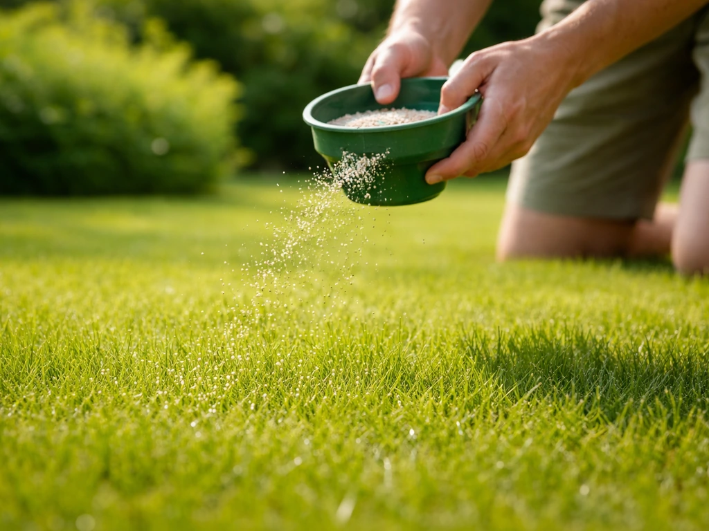 Handen strooien korrelmest over een groen gazon, met gras en seizoenslicht als duidelijke timing-suggestie.
