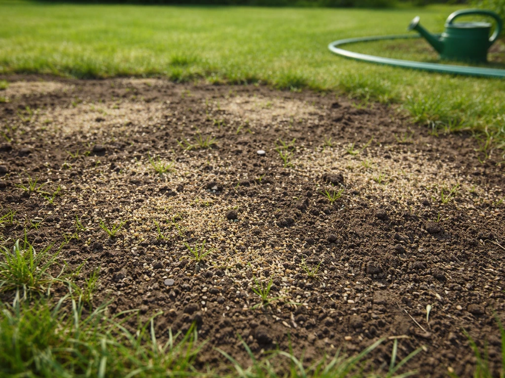 Kale plekken in een gazon met ingezaaide grond en net opkomende grassprieten na herstel.