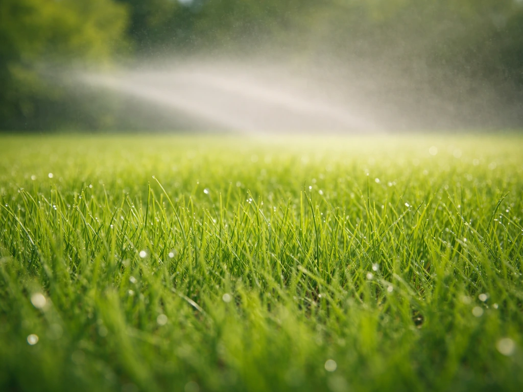 Groen hersteld gazon met subtiele beregeningsspray op de achtergrond, na droogte weer groen.