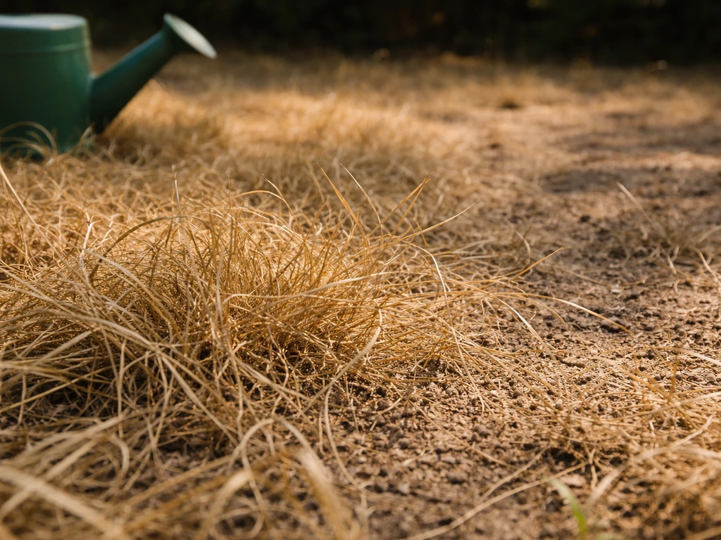 Verdord gras in een tuin, vergrijsde sprieten en droge grond in de zomerhitte, met gieter in beeldhoek