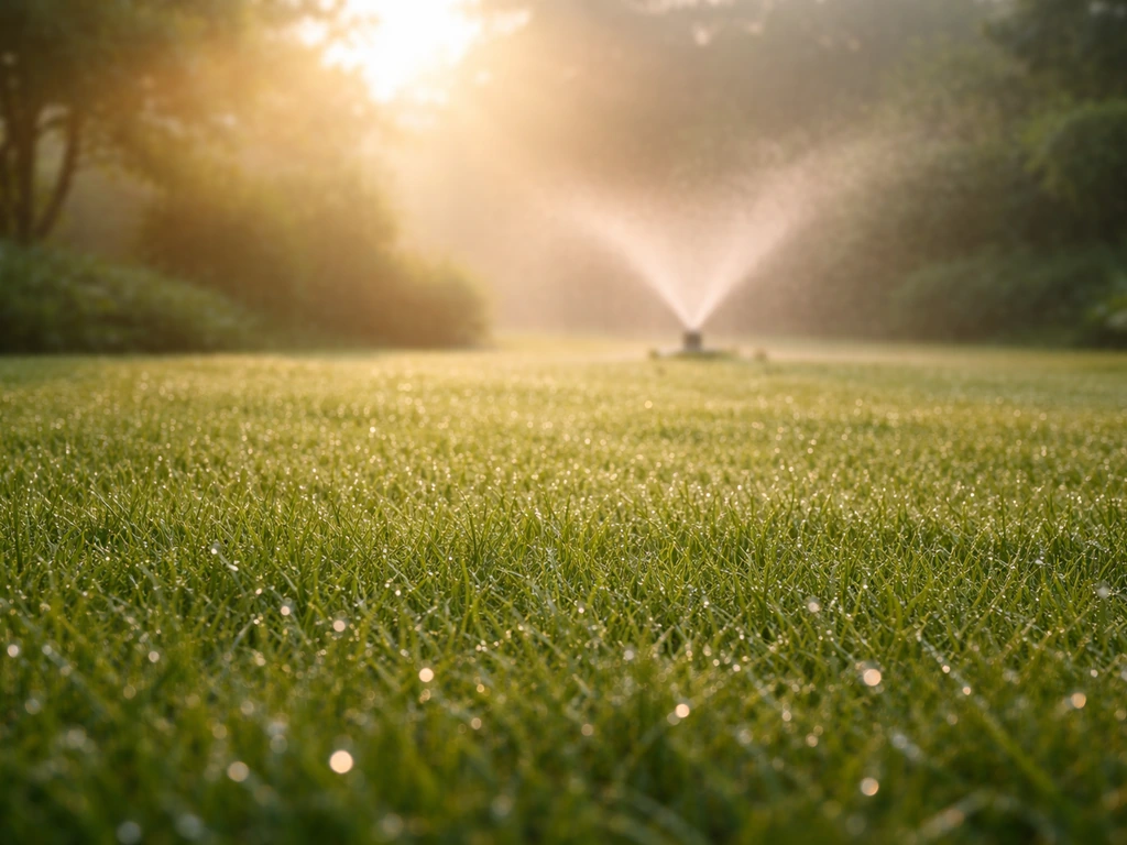 Koel ochtendgras met waterdruppels na het sproeien, zachte mist en lage zon in een rustige tuin.