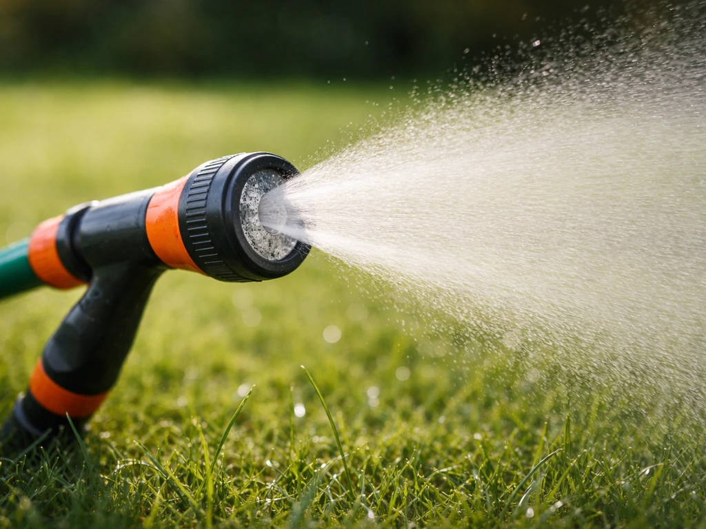 Close-up van een tuinslang met verstelbare sproeikop die fijn water verdeelt over het gazon