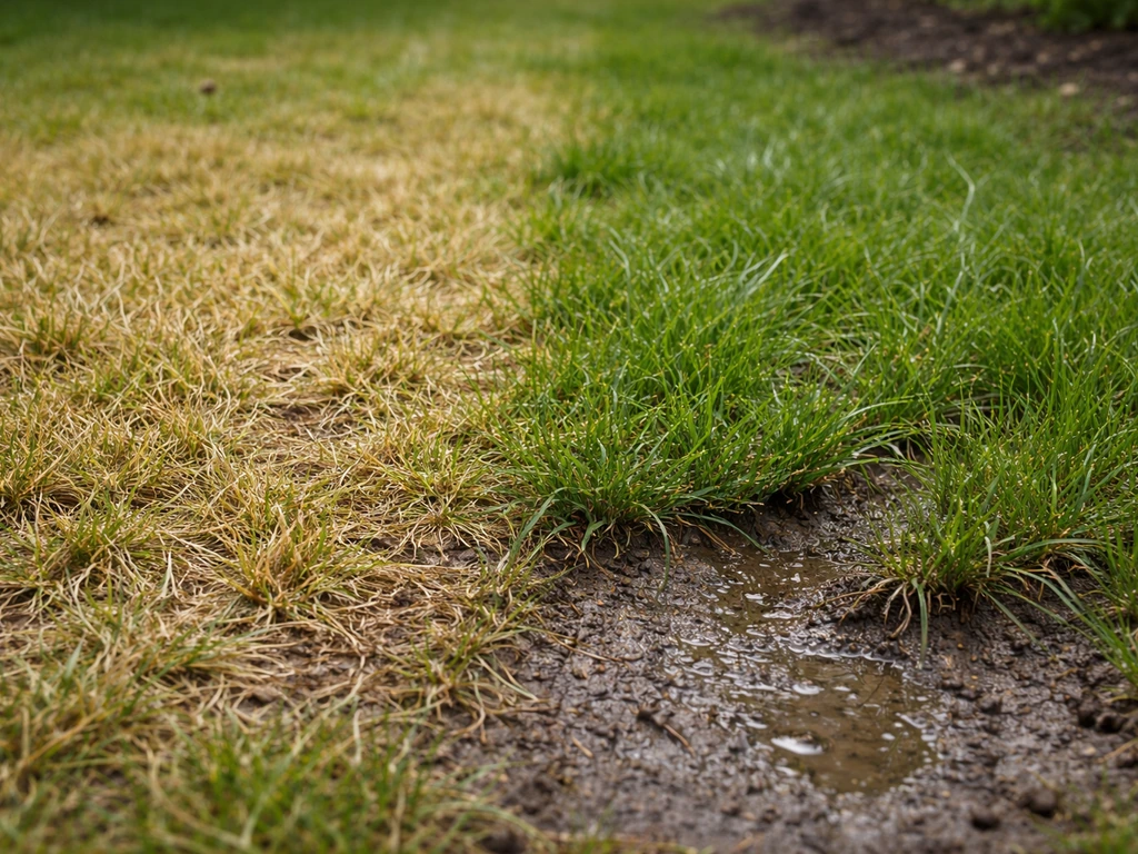 Close-up van gazon met gele droge plekken en daarnaast verzakt, overnat gras als teken van verkeerd water geven.