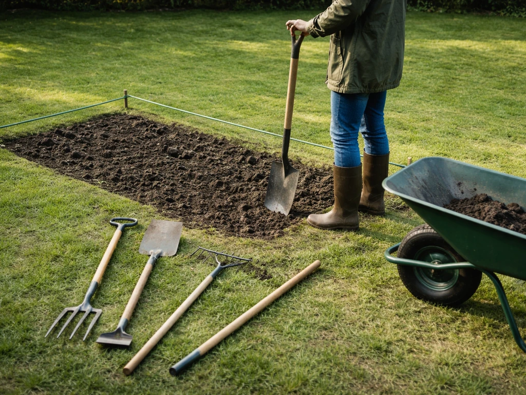 Gereedschap klaar op een erf: spade, schop en hark bij afbakening voor het omspitten van grasveld