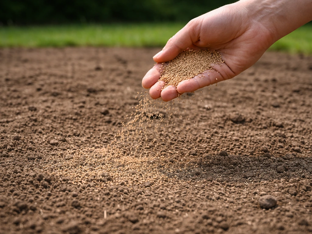 Hand die graszaad over een geëgaliseerd omgespit gazon uitstrooit, met licht afgedekte bodem.