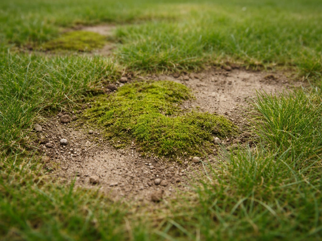 Close-up van mosvlekken tussen gras, met verdichte grondplekken in een gazon.