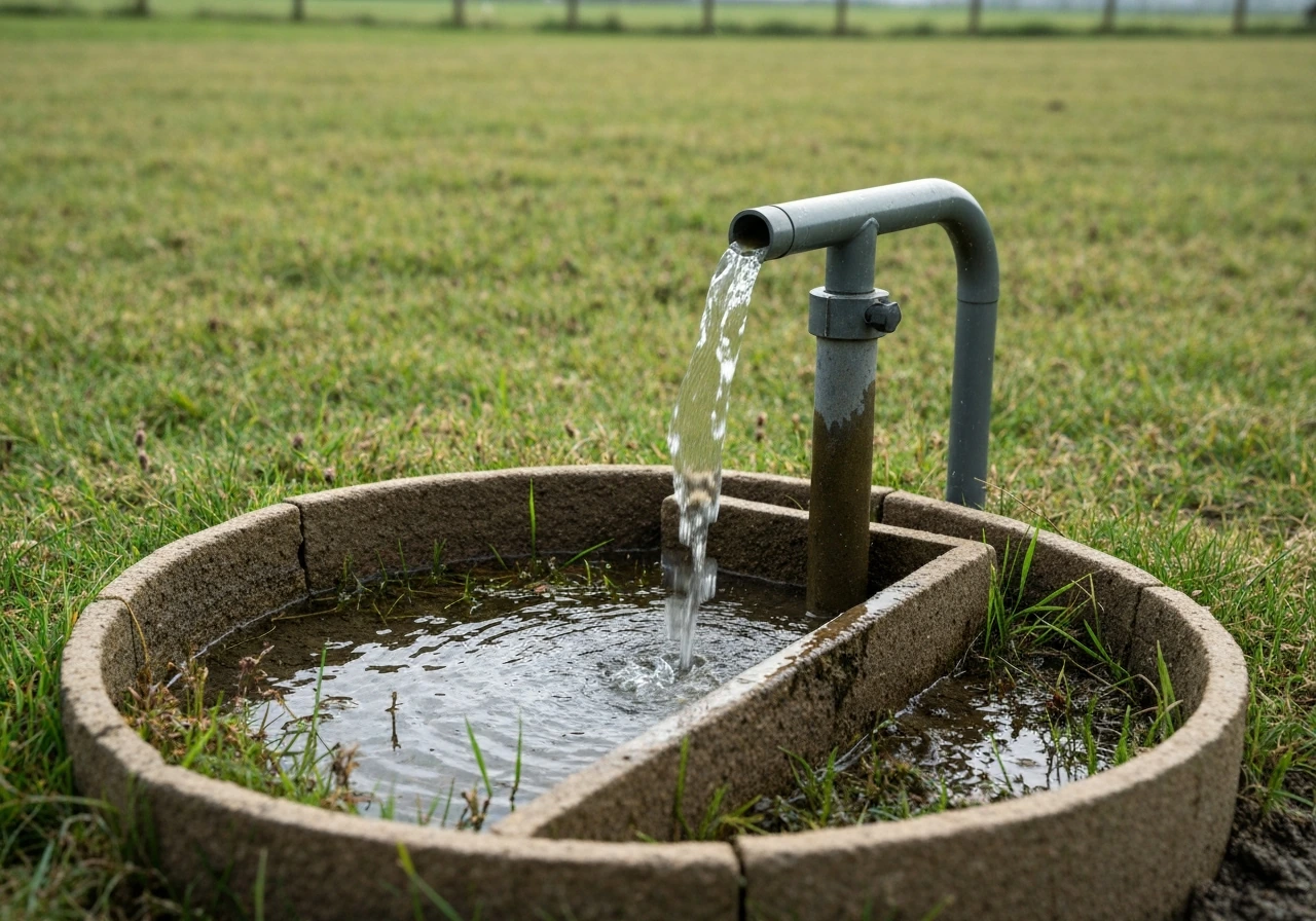 Gerichte sproeier die natte grondzone op een gazonveld maakt, zichtbaar watergeven voor diepere wortelgroei.