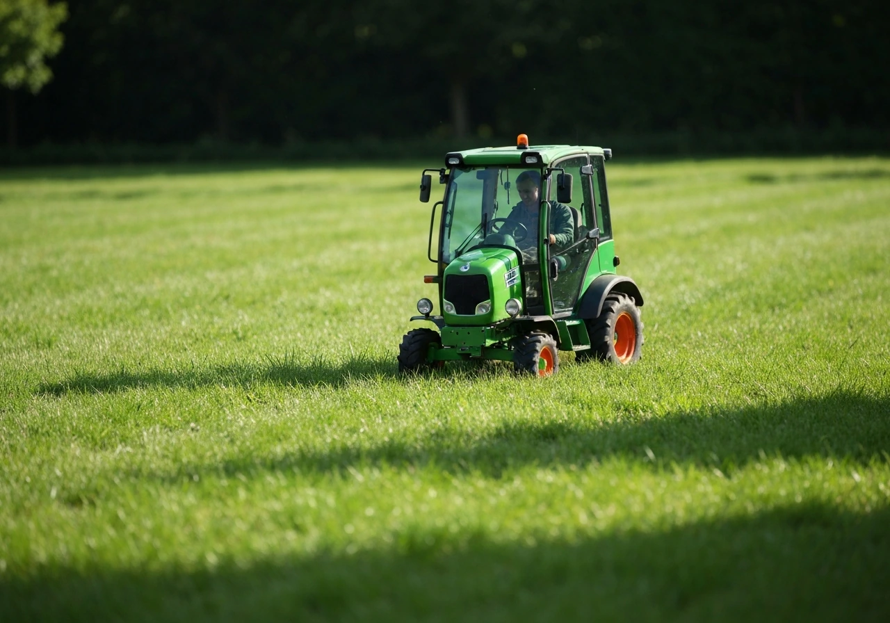 Gasmaaier met hogere maai-instelling rijdt langs een droogtestresszone; langere sprietjes zijn zichtbaar.