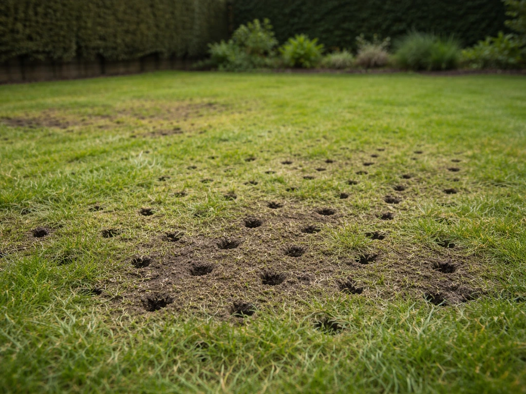 Ontlucht gazon in een Nederlandse tuin met open kerntjesgaten en mosplekken op de achtergrond