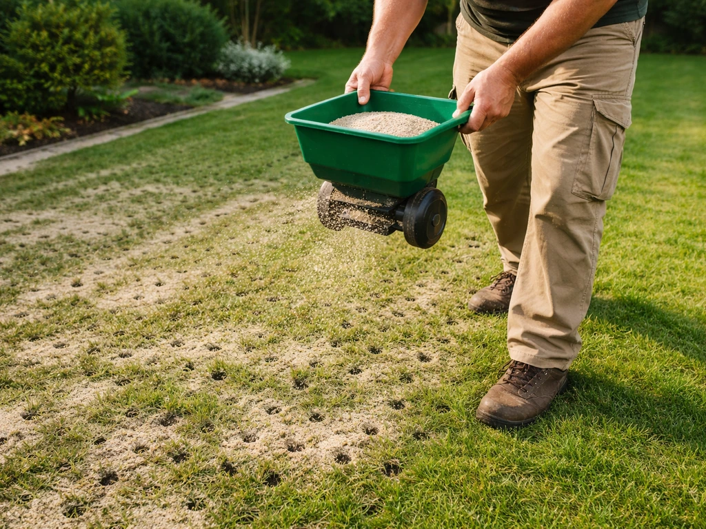 Tuinier die met een handstrooier direct na het ontluchten een dun laagje gazontopdressing over open gaten strooit.