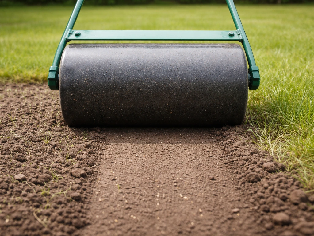 Nabijshot van een gazonroller die een nieuw ingezaaid stuk gras licht aandrukt voor beter bodemcontact.