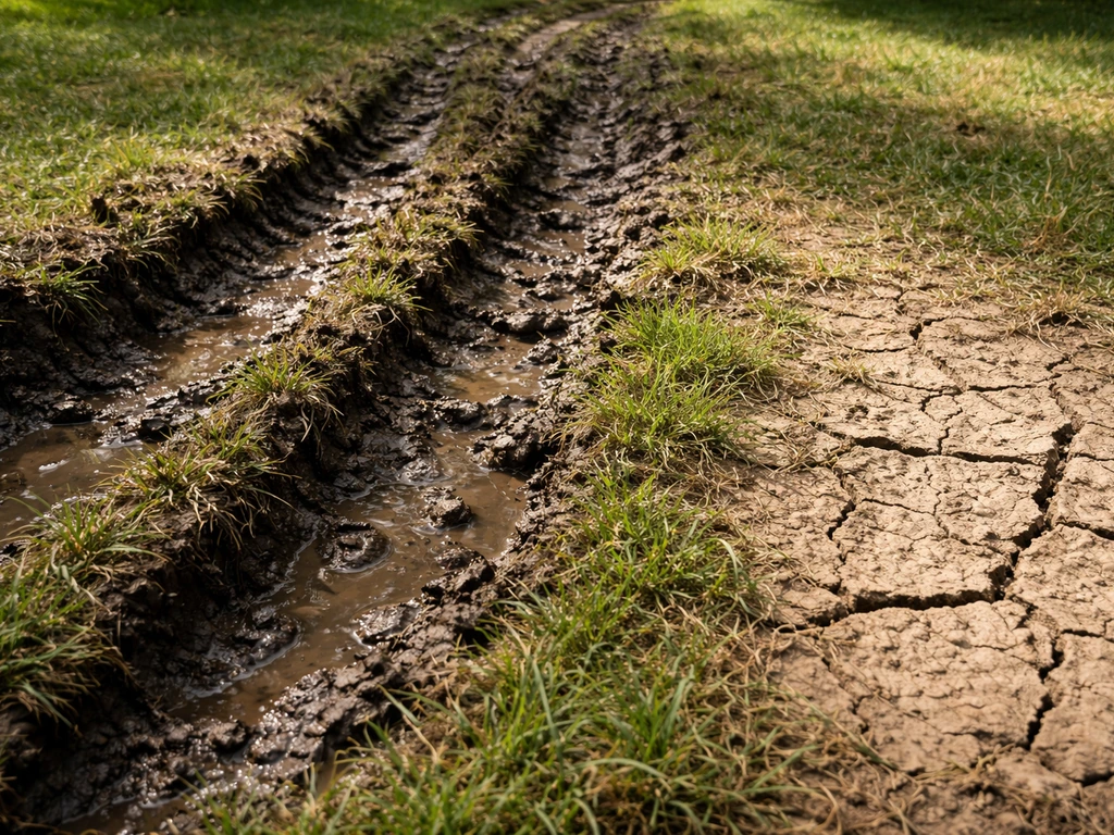 Gescheurd gras met modderige rolsporen en daarnaast kurkdroge, gebarsten toplaag in een tuin.