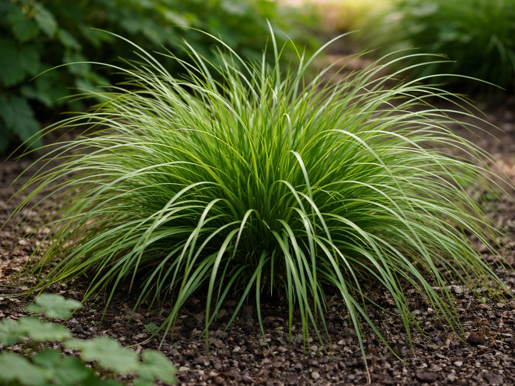 Carex-plant in de tuin met lange gebogen bladeren, die op siergras lijkt maar het niet is
