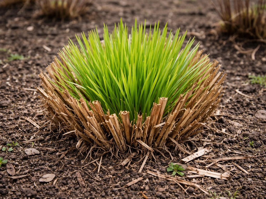 Carex in het vroege voorjaar: fris hart en bruine buitenbladeren net verwijderd, close-up in de tuin.