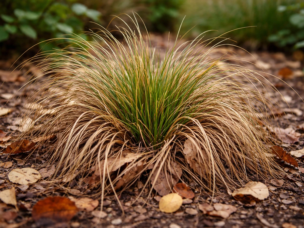 Carex-pol met verdroogde bladeren die de kern beschermen, in een rustige herfsttuin bij natuurlijk daglicht.