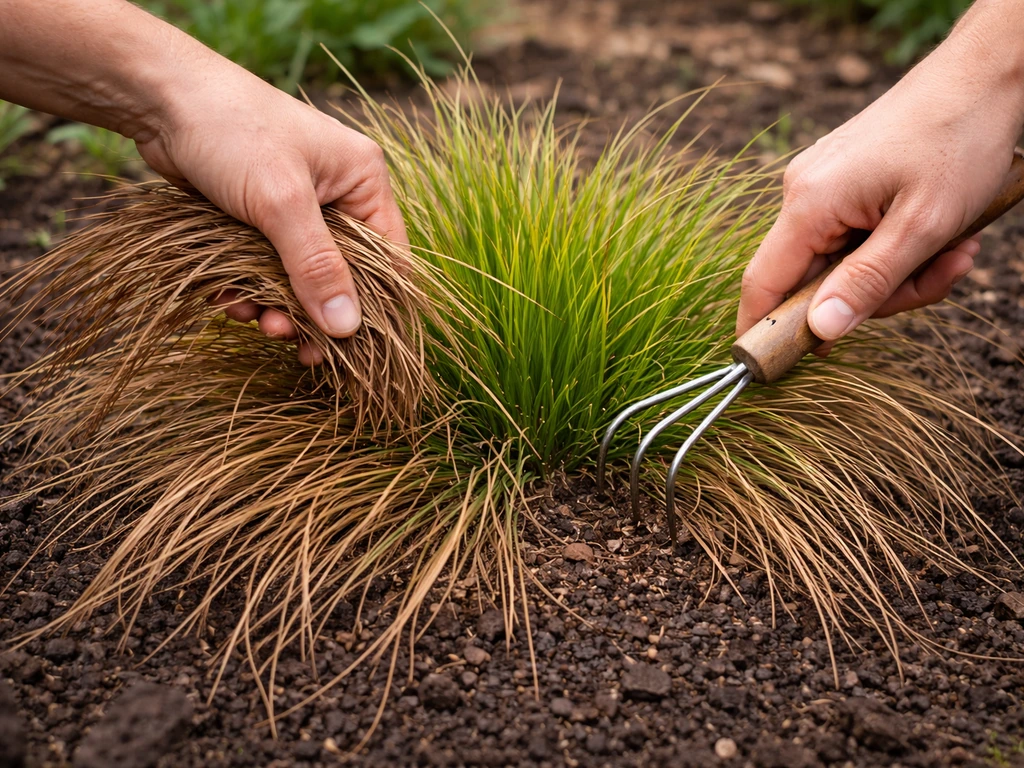 Close-up van handen die dode bruine bladeren loskammen uit het groene hart van een Carex-pol.