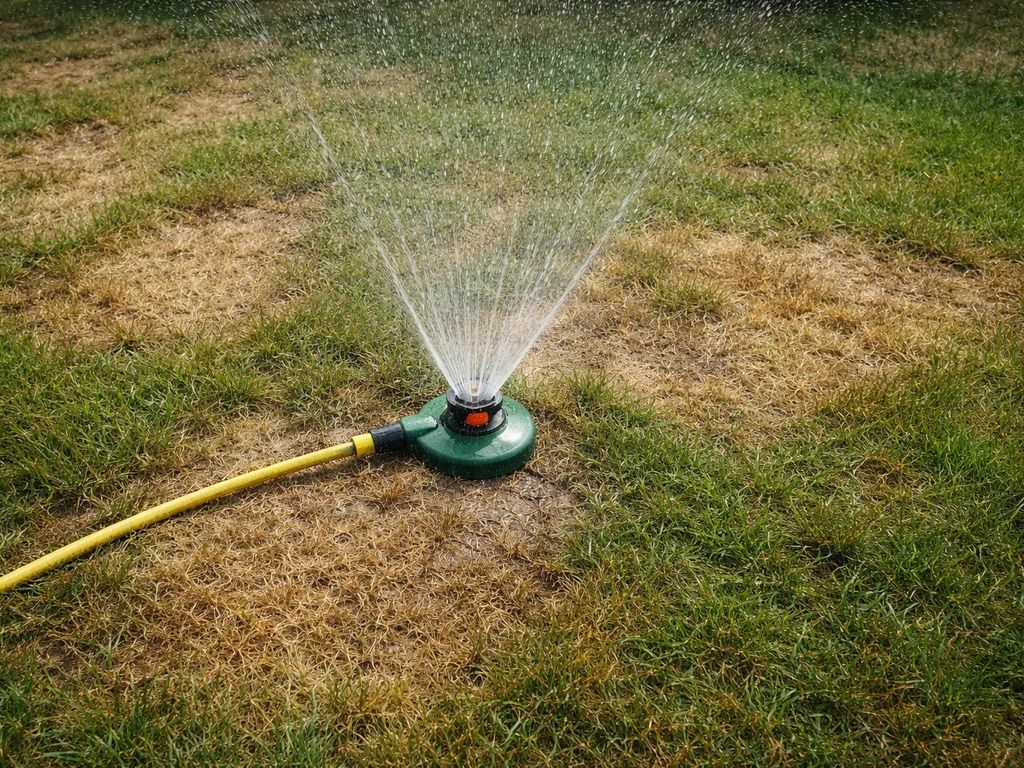 Bovenaanzicht van droog gazon met dorre plekken, waar een sproeier net begint water te raken voor herstel.