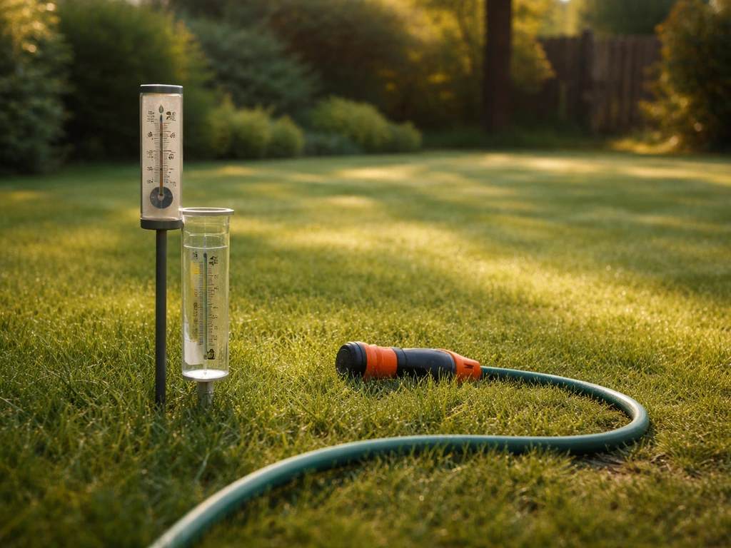 Vroege ochtend op een gazon: tuinslang en sproeikop naast een thermometer/regenmeter voor de weerscheck.