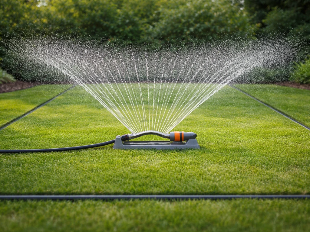 Oscillerende tuinsproeier die water gelijkmatig op een rechthoekig gazon spuit, afgebakende sproeizone zichtbaar.