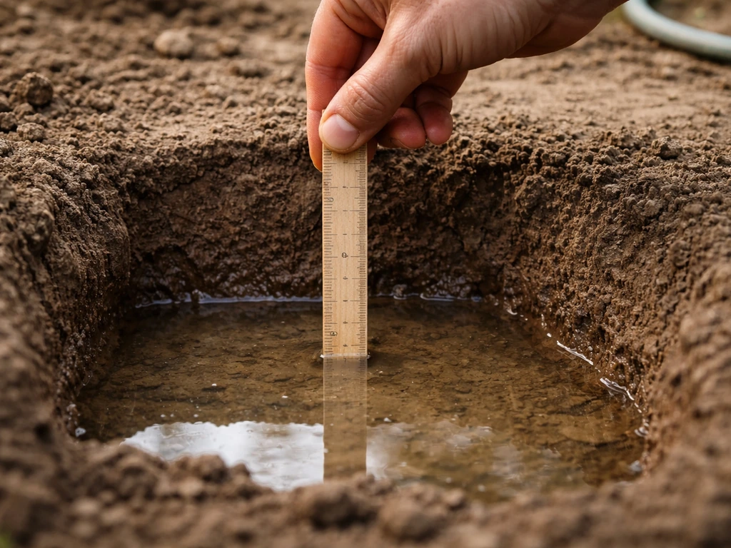 Anonieme hand meet met een liniaal hoe diep water in een opengewerkte bodempluk is doorgedrongen.