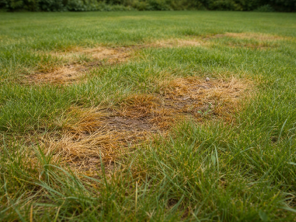 Gazon close-up met gele en bruine grasplekken die passen bij schade door grasjauche.
