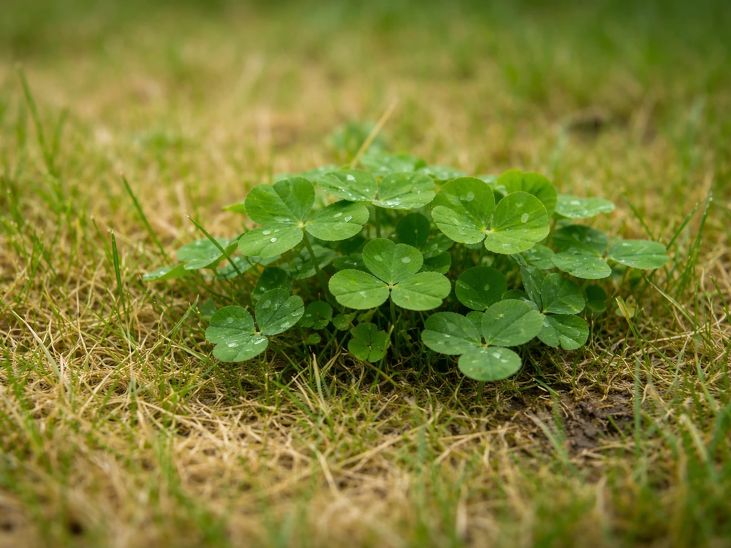 Close-up van klaver tussen dun en verdroogd gras in het gazon, met duidelijk contrast