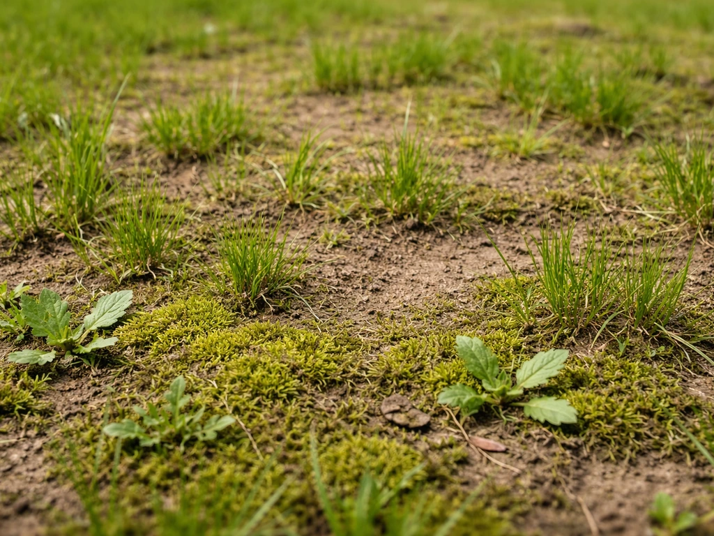 Herstellend gazon met jonge, dunne gras en zichtbaar mos en onkruid in open plekken