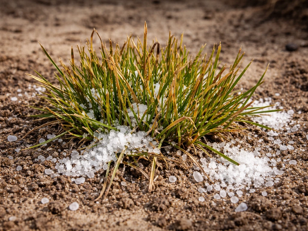 Close-up van zoutkorrels op een graspol met zichtbare verbrande/verdroogde grassprieten in een Nederlandse tuin
