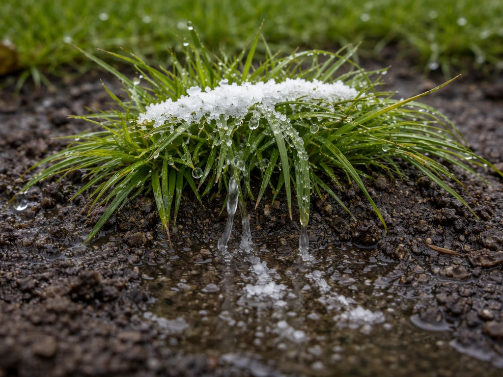 Zout dat op nat gras ligt en via druppels langs de bodem wegloopt na regen.