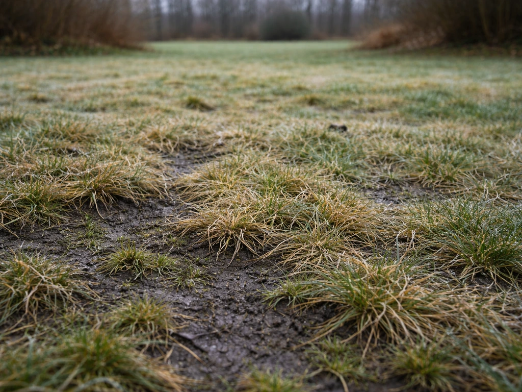Nederlands wintergazon met verkleurd gras en kale plekken, met doorkijk naar herstel in het voorjaar.