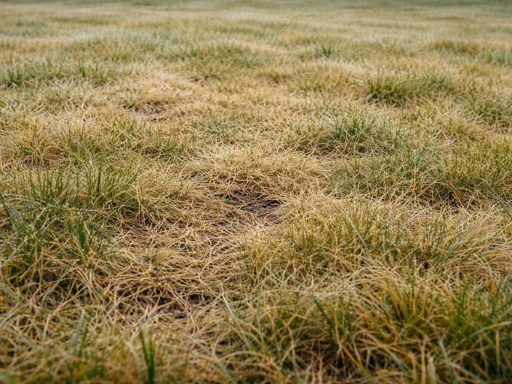 Close-up van een gazon waar het gras geel en bleekgroen oogt, met duidelijk zichtbare verkleuringen.