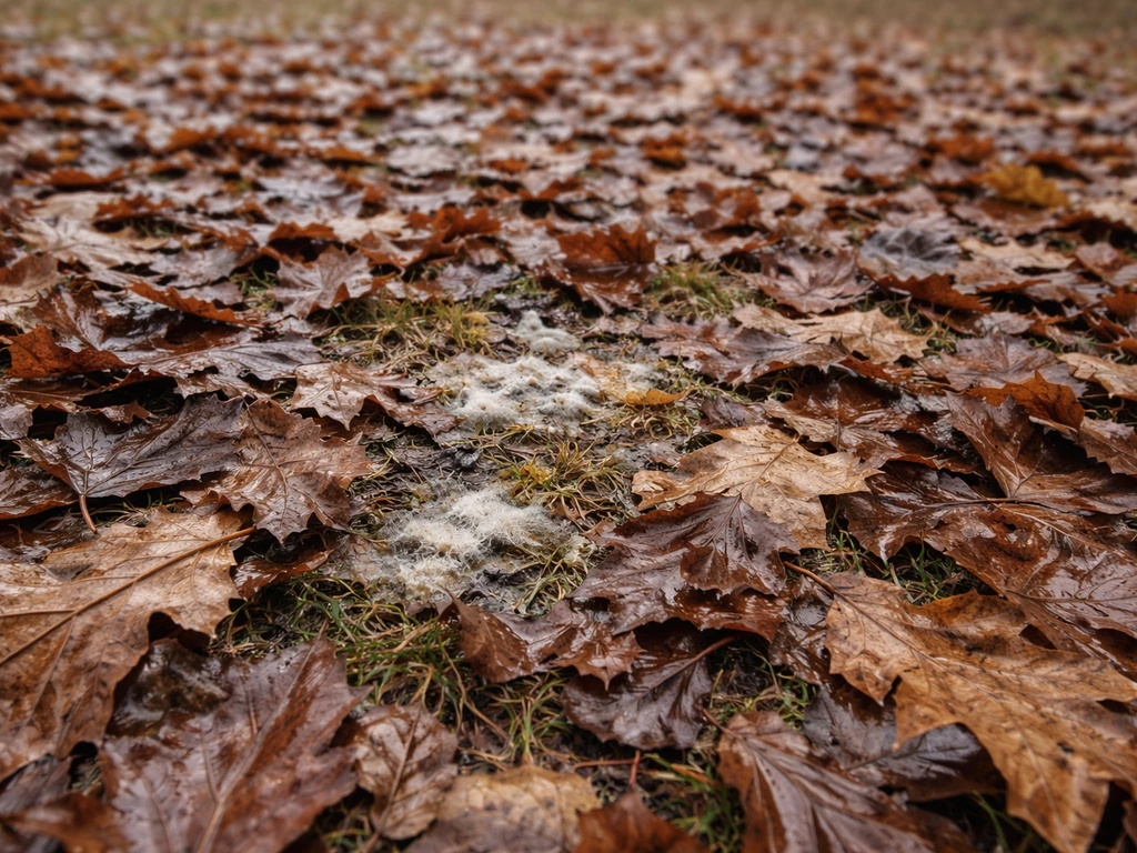 Dikke laag bladeren op een wintergazon met beginnende schimmelvorming die het gras verstikt
