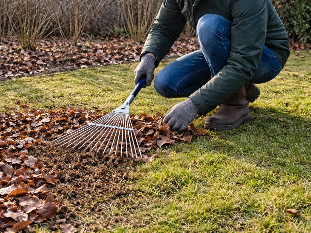 Anonieme tuinier verwijdert droog bladafval met winterhark, zodat het gras weer zichtbaar opbloeit.