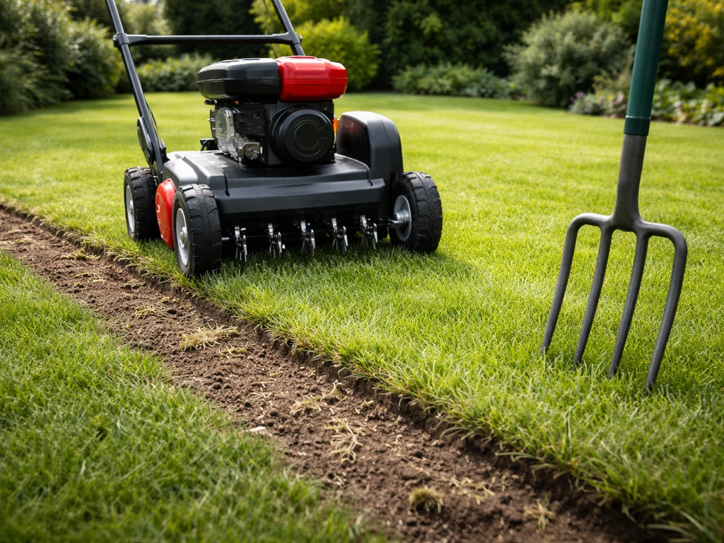 Kortgemaaid gazon met zicht op beluchtingsmachine en losgemaakte kruimels, klaar voor beluchten