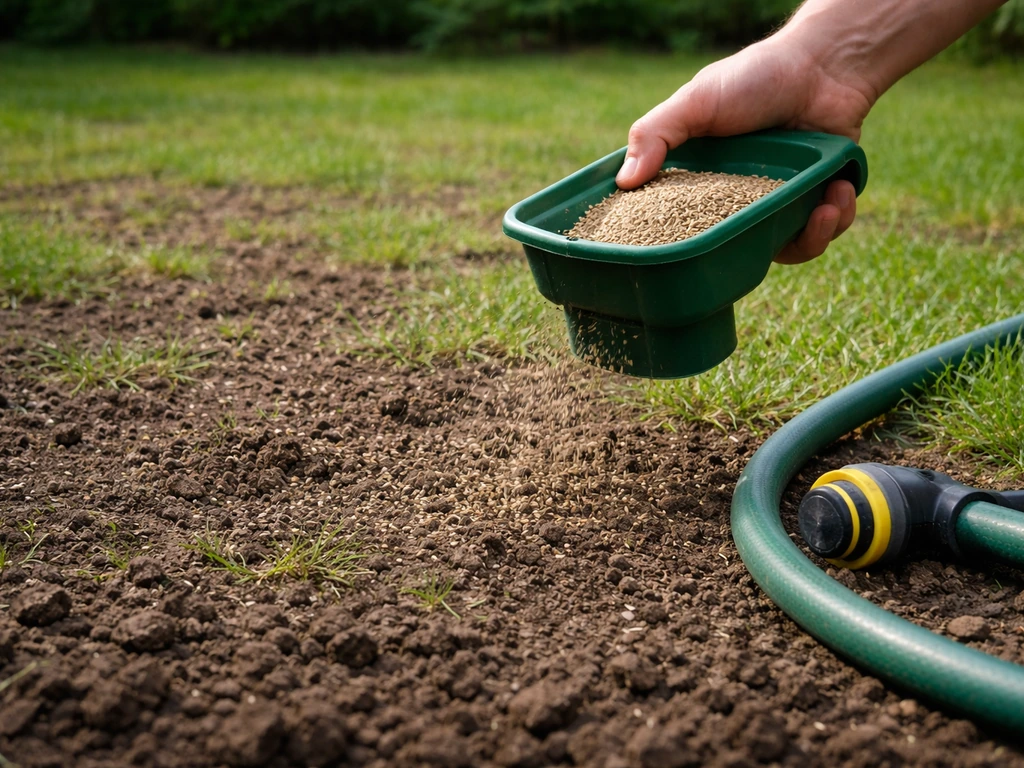 Hand strooit graszaad op kale plekken in een gazon en een tuinslang ligt klaar voor bewatering.