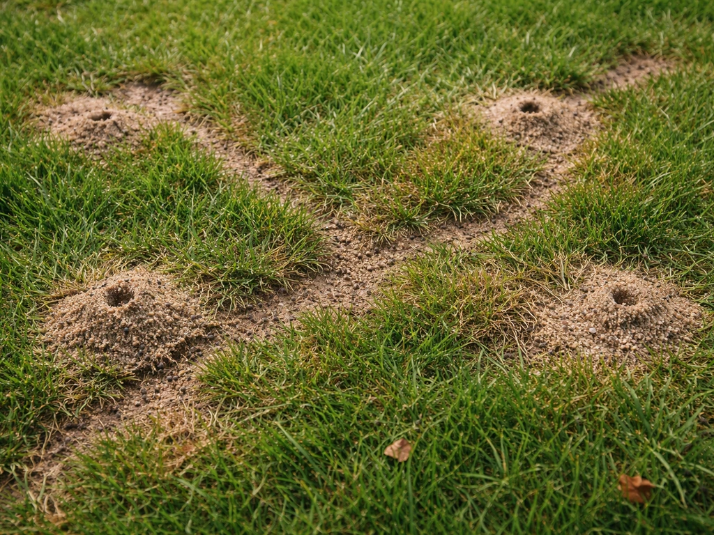 Bovenaanzicht van een gazon met mierenpaadjes, zandhoopjes en afstervende grassprieten